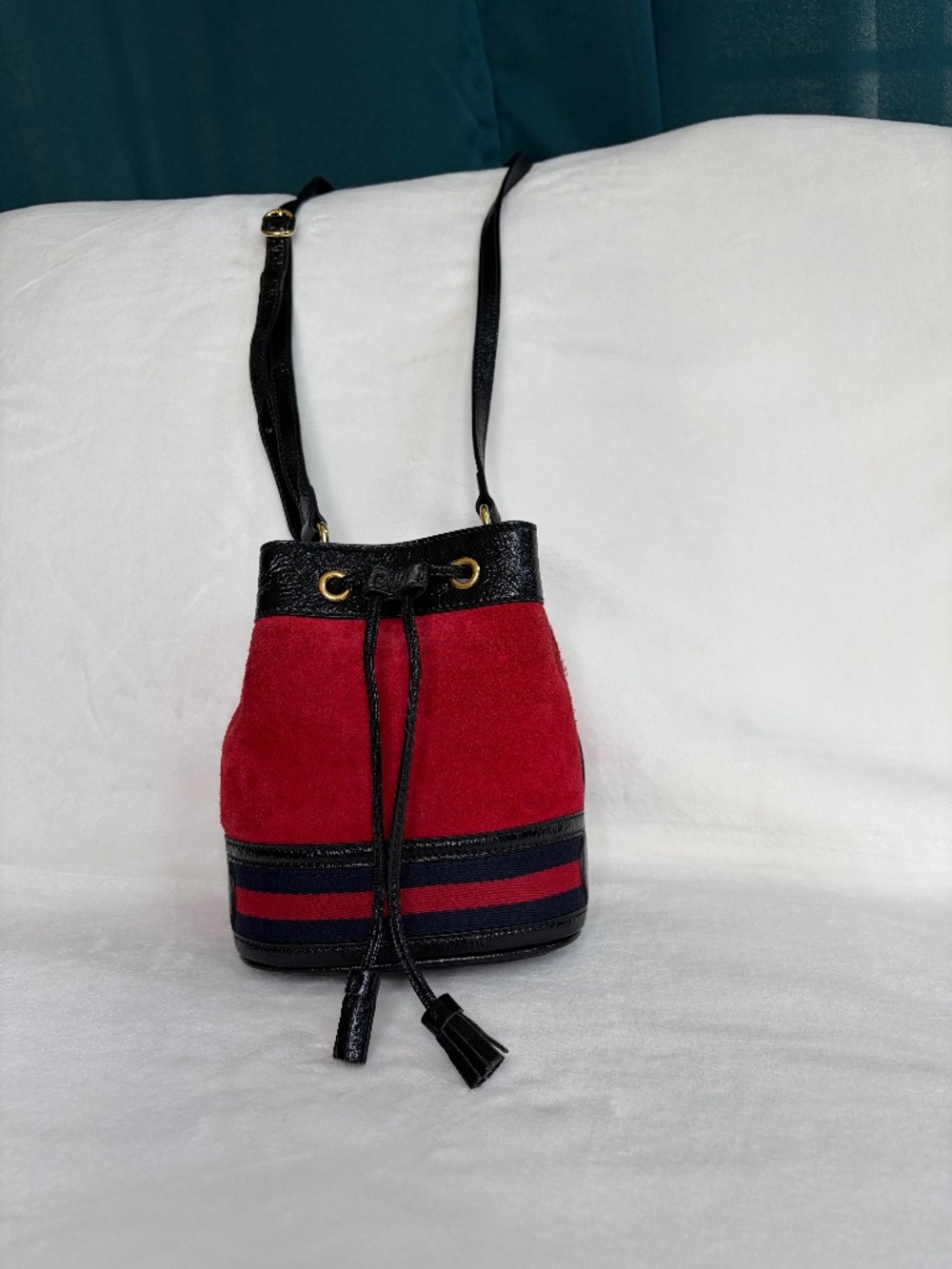 Red Suede Gucci Bucket Bag